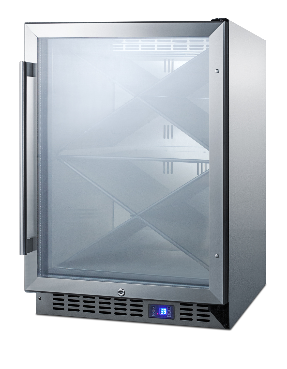 Built-in outdoor commercially listed wine cellar with stainless steel interior, diamond style shelving, digital controls, and stainless steel cabinet